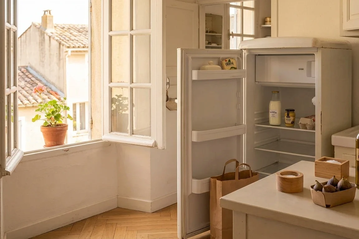 Cuisine de petit appartement réapprovisionnée après les vacances — frigo ouvert avec produits frais
