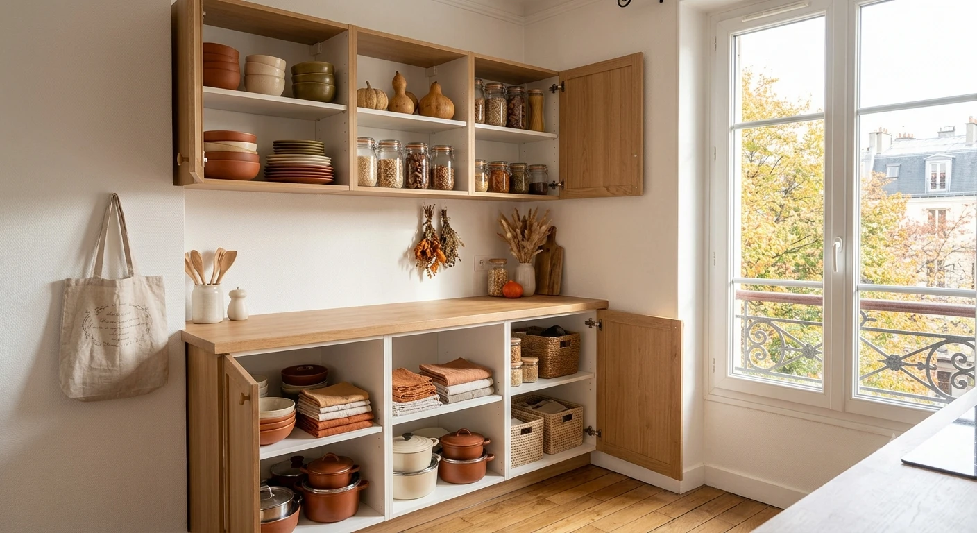 Cuisine de petit appartement réorganisée pour la rentrée — placards rangés et plan de travail dégagé