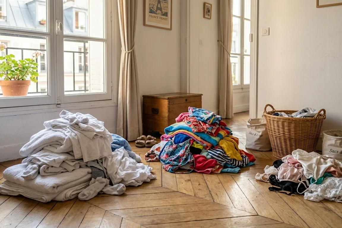 Linge de vacances trié en piles dans un petit appartement — blancs couleurs et délicats