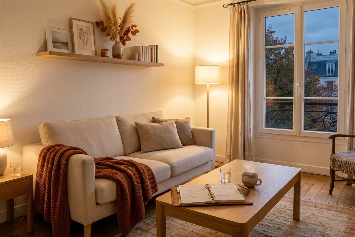 Petit appartement rangé un dimanche soir de rentrée — carnet ouvert et atmosphère automnale cosy