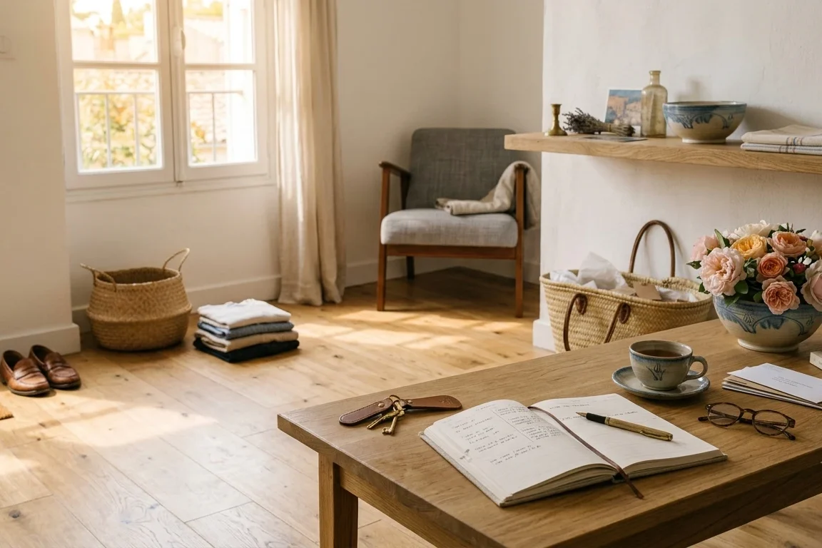 Petit appartement remis à plat le lendemain du retour de vacances — carnet ouvert et atmosphère de fin d'été