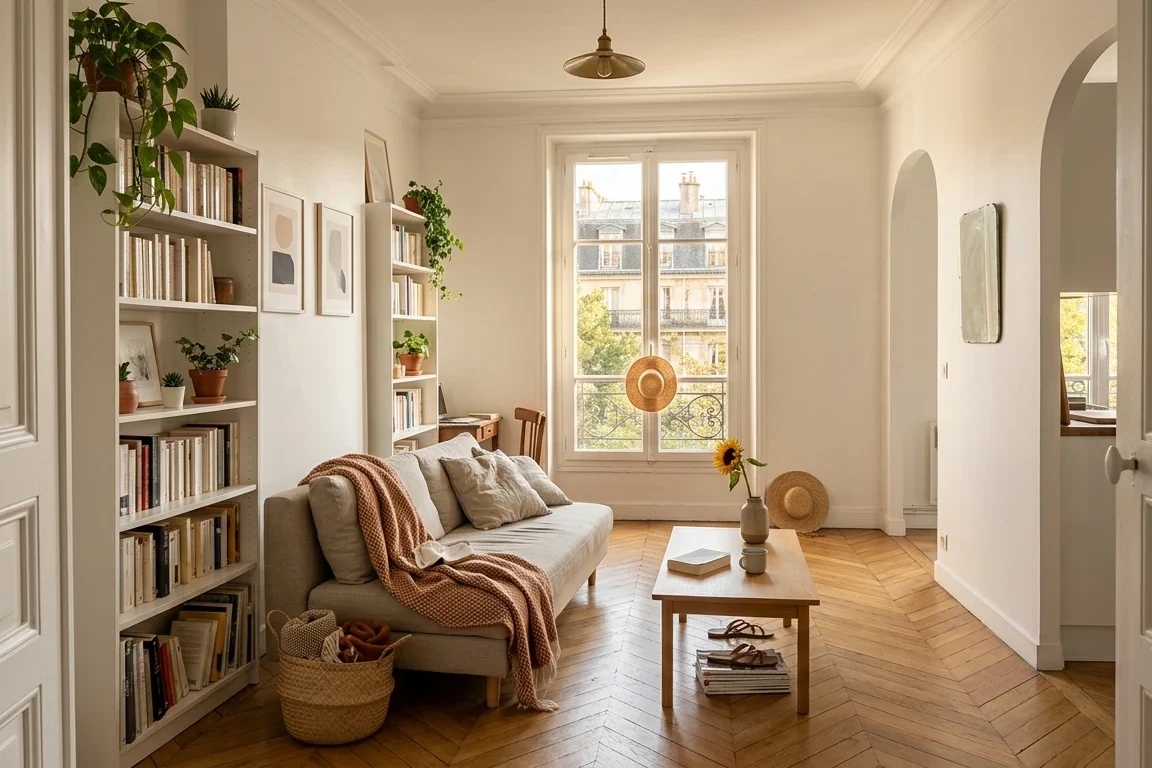 Petit appartement français en début de rentrée — lumière dorée de septembre et transition saisonnière