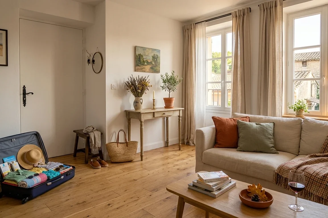 Petit appartement français le soir du retour de vacances — valise près de la porte et lumière de fin d'été