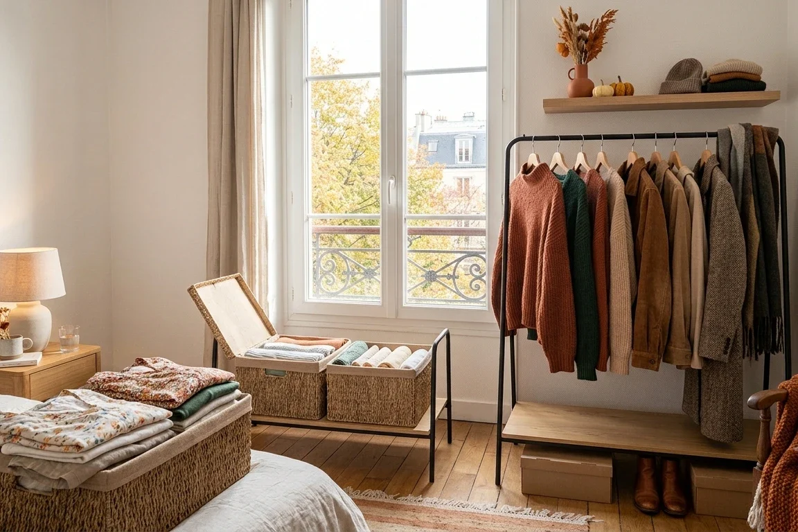 Rotation garde-robe été automne dans un petit appartement — vêtements d'été rangés et automne sortis
