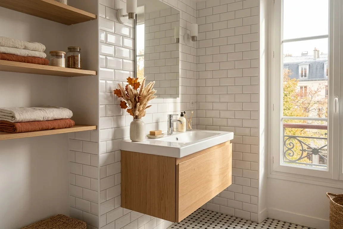 Salle de bain de petit appartement remise à plat pour la rentrée — surfaces épurées et essentiels visibles