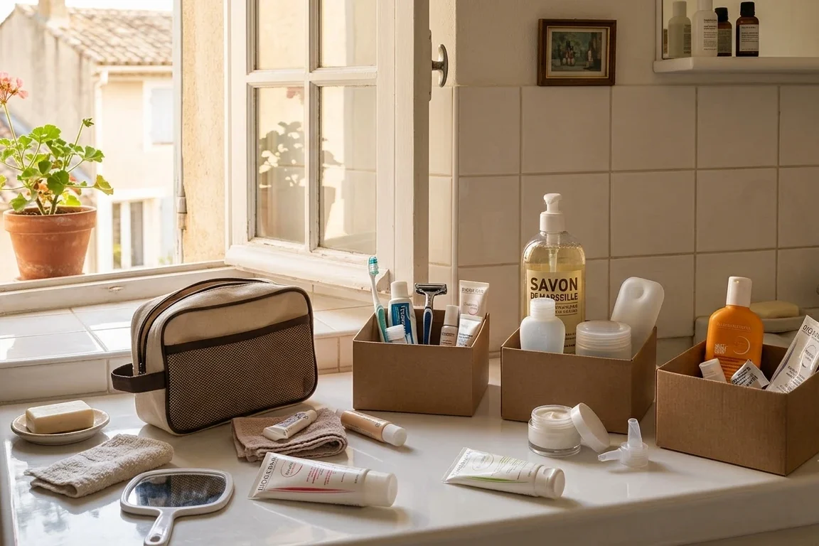 Trousse de toilette de voyage vidée et réorganisée dans une petite salle de bain — produits triés garder recharger jeter