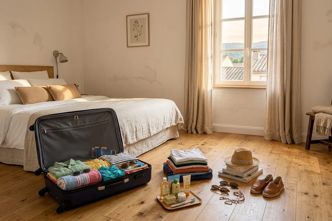 Valise ouverte sur le sol d'une chambre de petit appartement — contenu trié en piles distinctes